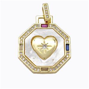 Copper Octagon Pendant Pave Zirconia Shell Heart Gold Plated, approx 21mm [FD16895]