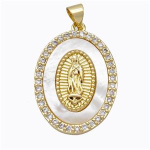 Jesus Charms Copper Oval Pendant Pave Shell Zirconia Gold Plated, approx 19-25mm [FD16904]