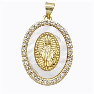 Virgin Mary Charms Copper Oval Pendant Pave Shell Zirconia Gold Plated, approx 19-25mm [FD16905]