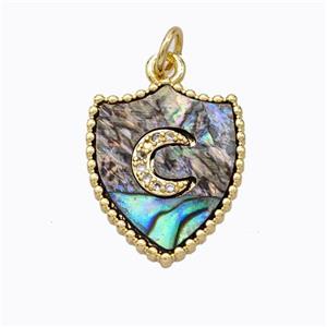 Copper Shield Pendant Pave Abalone Shell Zirconia Moon Gold Plated, approx 15-18mm [FD16909]