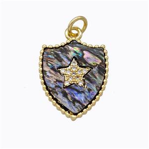 Copper Shield Pendant Pave Abalone Shell Zirconia Star Gold Plated, approx 15-18mm [FD16911]