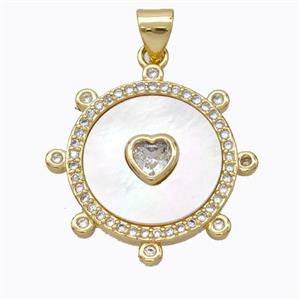 Copper Circle Pendant Pave Shell Heart Zirconia Gold Plated, approx 18mm [FD16926]