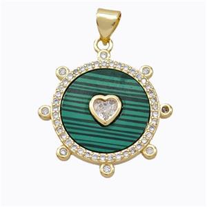 Copper Circle Pendant Pave Malachite Heart Zirconia Gold Plated, approx 18mm [FD16930]