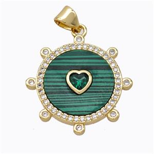Copper Circle Pendant Pave Malachite Heart Zirconia Gold Plated, approx 18mm [FD16931]