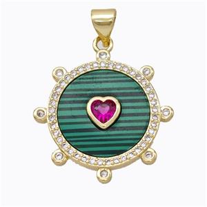 Copper Circle Pendant Pave Malachite Heart Zirconia Gold Plated, approx 18mm [FD16933]