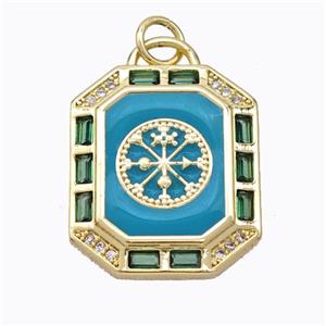 Copper Octagon Pendant Pave Zirconia Teal Enamel Compass Gold Plated, approx 17-20mm [FD16951]