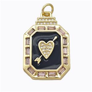 Copper Octagon Pendant Pave Zirconia Black Enamel Cupid Arrow Heart Gold Plated, approx 17-20mm [FD16954]