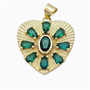 Copper Heart Pendant Micropave Green Zirconia Gold Plated, approx 21mm [FD16980]