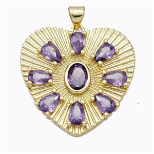 Copper Heart Pendant Micropave Purple Zirconia Gold Plated, approx 28mm [FD16983]