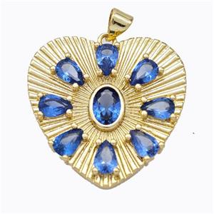 Copper Heart Pendant Micropave Blue Zirconia Gold Plated, approx 28mm [FD16984]