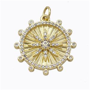 Copper Compass Pendant Micropave Zirconia Circle Gold Plated, approx 20mm [FD17008]
