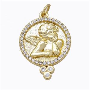 Copper Angel Pendant Micropave Zirconia Circle Gold Plated, approx 18mm [FD17009]