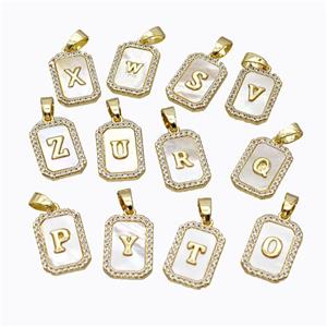 Copper Letter Pendant Micro Pave Shell Zirconia Rectangle Mixed Alphabet Gold Plated, approx 12-16mm [FD17038]