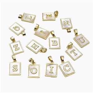 Copper Letter Pendant Micro Pave Shell Rectangle Mixed Alphabet Gold Plated, approx 12-15mm [FD17065]