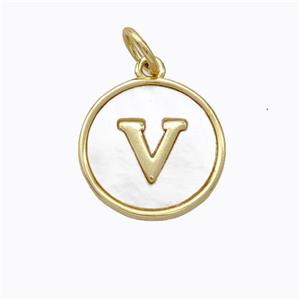 Copper Letter-V Pendant Pave Shell Gold Plated, approx 16mm [FD17087]