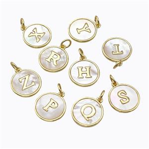 Copper Letter Pendant Micro Pave Shell Circle Mixed Alphabet Gold Plated, approx 16mm [FD17092]