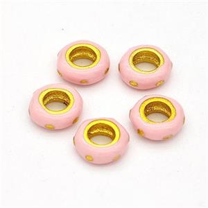 Copper Rondelle Beads Pink Enamel Large Hole Gold Plated, approx 6mm, 3mm hole [FD17093]
