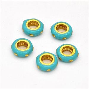 Copper Rondelle Beads Green Enamel Large Hole Gold Plated, approx 6mm, 3mm hole [FD17095]