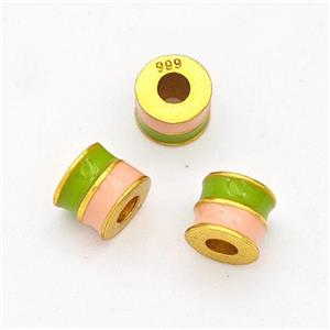 Copper Tube Beads Green Pink Enamel Large Hole Gold Plated, approx 5mm, 2mm hole [FD17100]