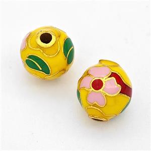 Copper Round Beads Cloisonne Multicolor Flower Gold Plated, approx 10-11mm [FD17112]