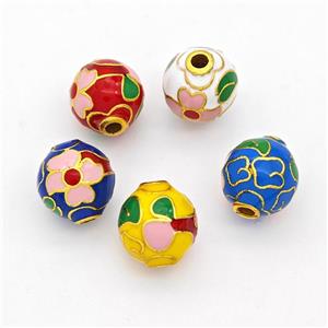Copper Round Beads Cloisonne Multicolor Flower Gold Plated Mixed, approx 10-11mm [FD17116]