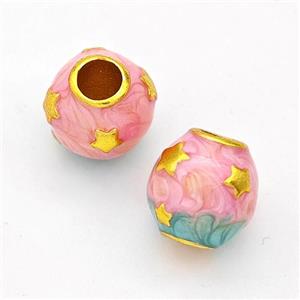 Copper Round Beads Pink Painted Large Hole Gold Plated, approx 10mm, 4mm hole [FD17125]