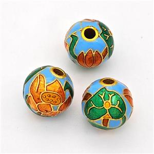Copper Round Beads Cloisonne Multicolor Flower Gold Plated, approx 10mm [FD17131]