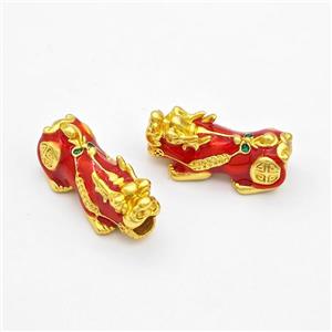 Copper Pixiu Charms Beads Red Enamel Large Hole Gold Plated, approx 13-26mm, 4mm hole [FD17150]