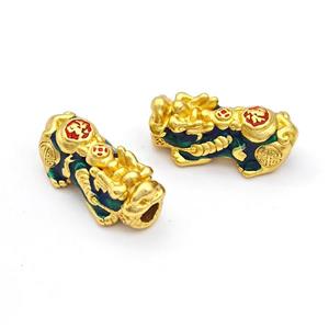 Copper Pixiu Charms Beads Darkgreen Enamel Large Hole Gold Plated, approx 13-26mm, 4mm hole [FD17151]