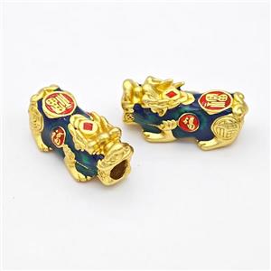 Copper Pixiu Charms Beads Bluegreen Enamel Large Hole Gold Plated, approx 13-26mm, 4mm hole [FD17152]