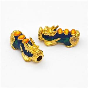 Copper Pixiu Charms Beads Bluegreen Enamel Large Hole Gold Plated, approx 13-26mm, 4mm hole [FD17153]