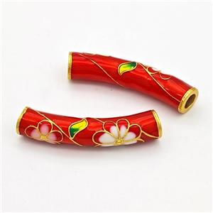 Copper Tube Beads Curving Red Painted Flower Large Hole Gold Plated, approx 7.5-36mm, 4mm hole [FD17187]