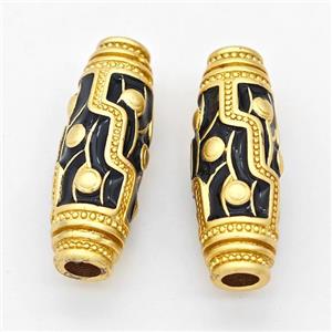 Copper Rice Beads Black Enamel Large Hole Gold Plated, approx 10-28mm, 4mm hole [FD17254]