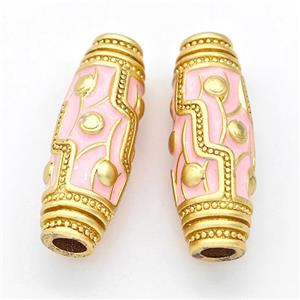 Copper Rice Beads Pink Enamel Large Hole Gold Plated, approx 10-28mm, 4mm hole [FD17256]