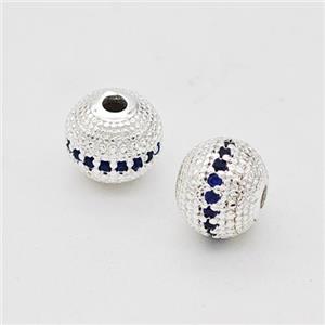 Copper Round Beads Micro Pave Blue Zirconia Shiny Silver, approx 8mm [FD17283]