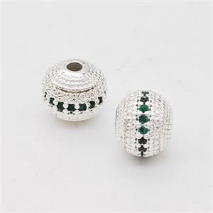 Copper Round Beads Micro Pave Green Zirconia Shiny Silver, approx 8mm [FD17284]