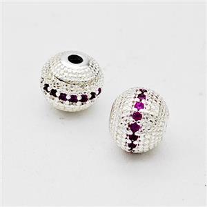 Copper Round Beads Micro Pave Fuchsia Zirconia Shiny Silver, approx 8mm [FD17285]