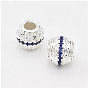 Copper Round Beads Micro Pave Blue Zirconia Large Hole Shiny Silver, approx 8mm, 4mm hole [FD17291]