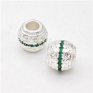 Copper Round Beads Micro Pave Green Zirconia Large Hole Shiny Silver, approx 8mm, 4mm hole [FD17292]