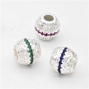 Copper Round Beads Micro Pave Zirconia Large Hole Shiny Silver Mixed, approx 8mm, 4mm hole [FD17294]