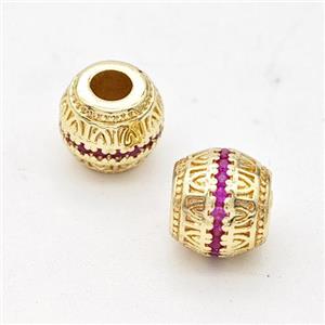 Copper Round Beads Micro Pave Fuchsia Zirconia Large Hole Gold Plated, approx 8mm, 4mm hole [FD17297]