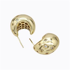 Copper Stud Earrings Micro Pave Zirconia C-Shape Hollow Gold Plated, approx 16-22mm [FD17312]