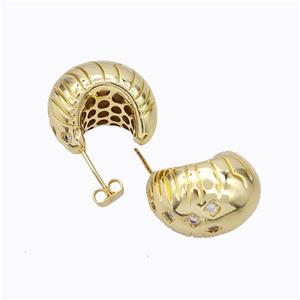 Copper Stud Earrings Micro Pave Zirconia C-Shape Hollow Gold Plated, approx 16-22mm [FD17313]