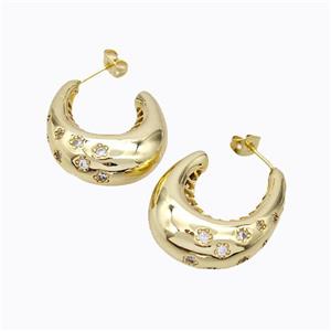 Copper Stud Earrings Micro Pave Zirconia C-Shape Hollow Gold Plated, approx 23-30mm [FD17314]
