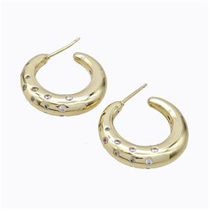 Copper Stud Earrings Micro Pave Zirconia C-Shape Hollow Gold Plated, approx 32mm [FD17315-L]