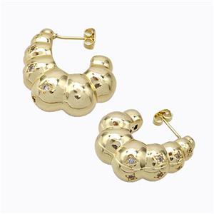 Copper Stud Earrings Micro Pave Zirconia C-Shape Hollow Gold Plated, approx 25-30mm [FD17316]