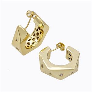Copper Stud Earrings Micro Pave Zirconia C-Shape Hollow Gold Plated, approx 25mm [FD17317]