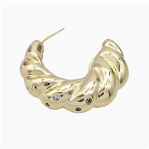 Copper Stud Earrings Micro Pave Zirconia C-Shape Hollow Gold Plated, approx 35mm [FD17318]