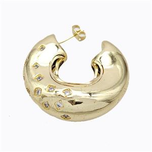 Copper Stud Earrings Micro Pave Zirconia C-Shape Hollow Gold Plated, approx 38mm [FD17319]