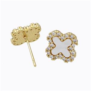 Copper Clover Stud Earrings Pave Zirconia Shell Gold Plated, approx 13mm [FD17329]